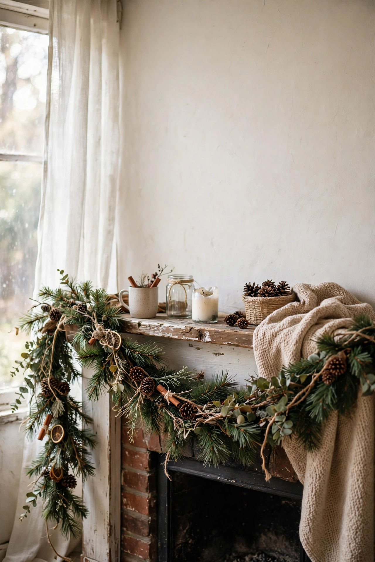 Two layered faux pine garlands draped full and lush across a mantel