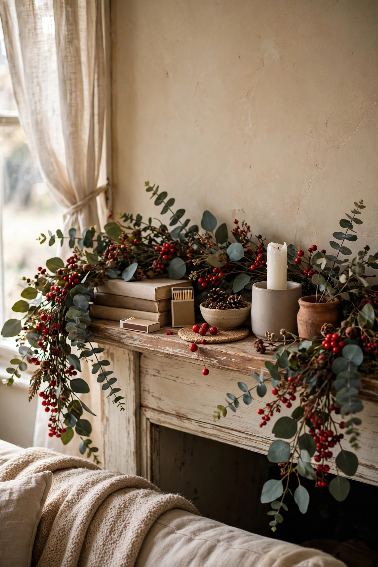 Eucalyptus and red berry garland draped across a mantel