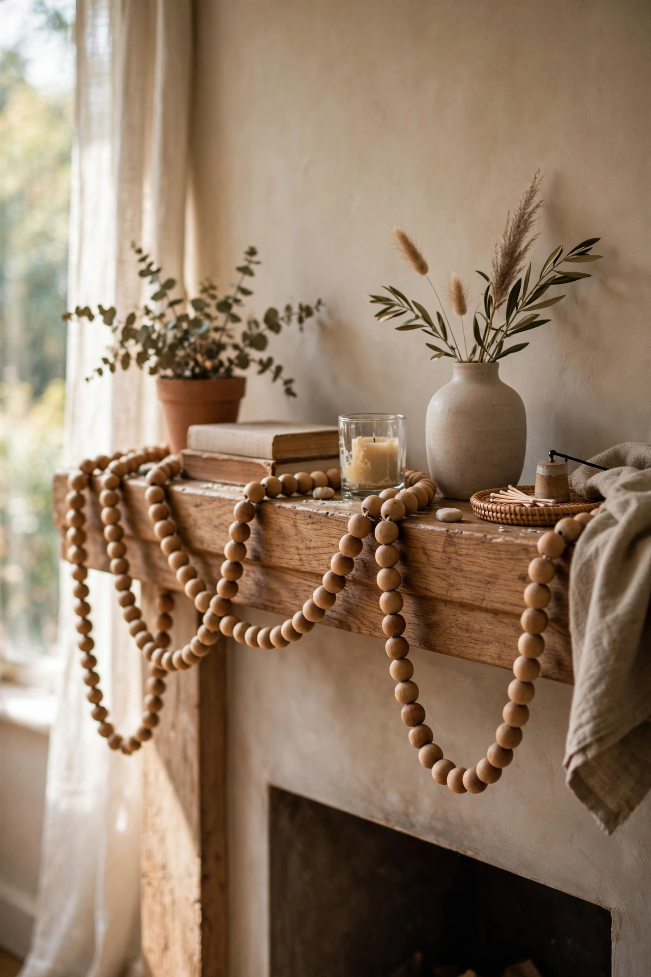 Wood bead garland draped in loose swags across a mantel