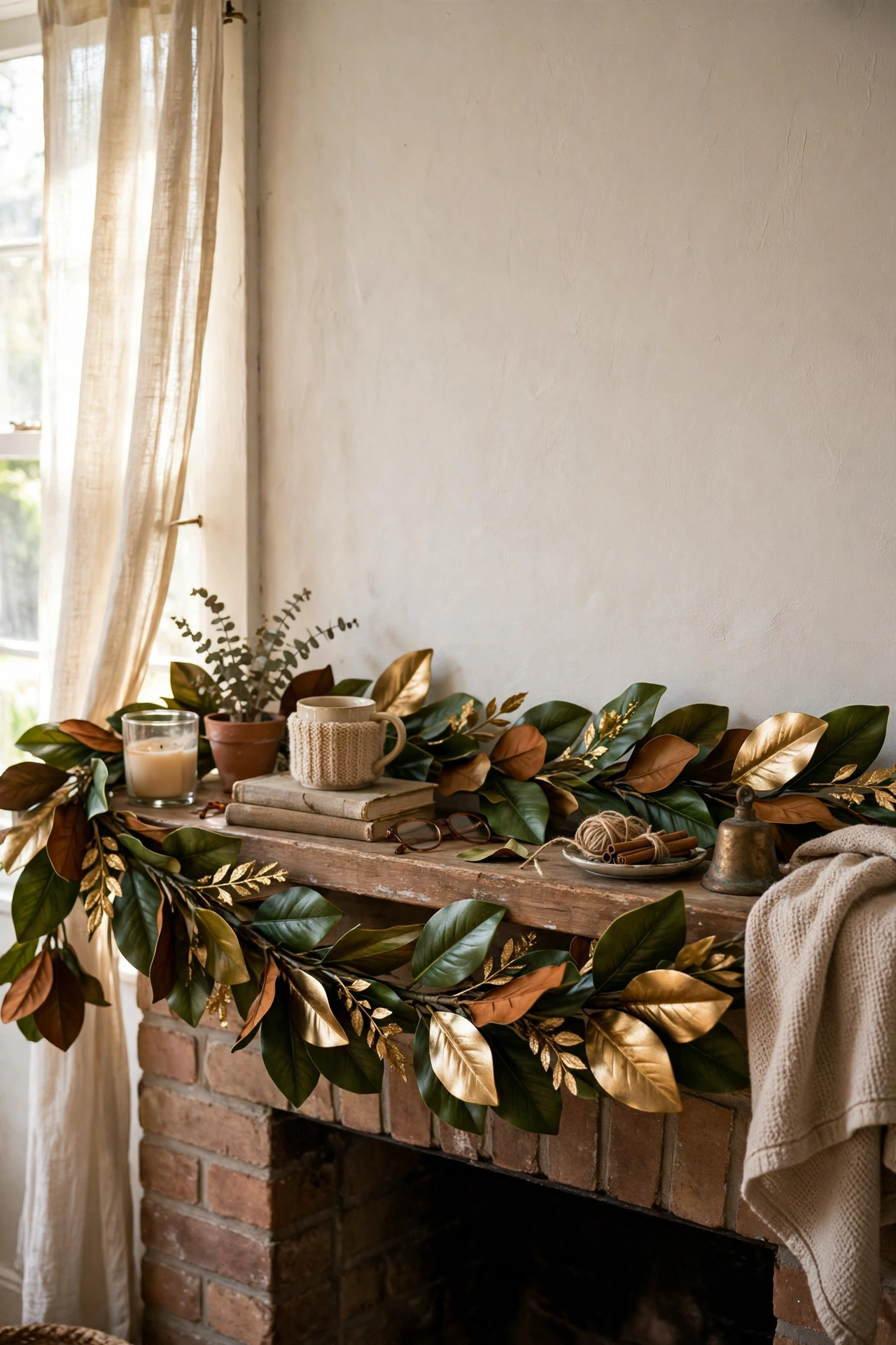 Faux magnolia leaf garland in green and gold across a mantel
