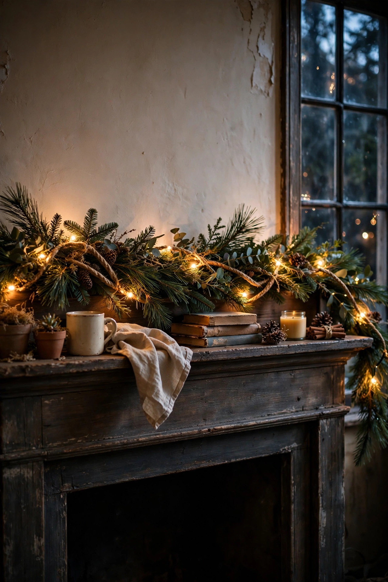 Pine garland with woven warm fairy lights glowing on a mantel at night