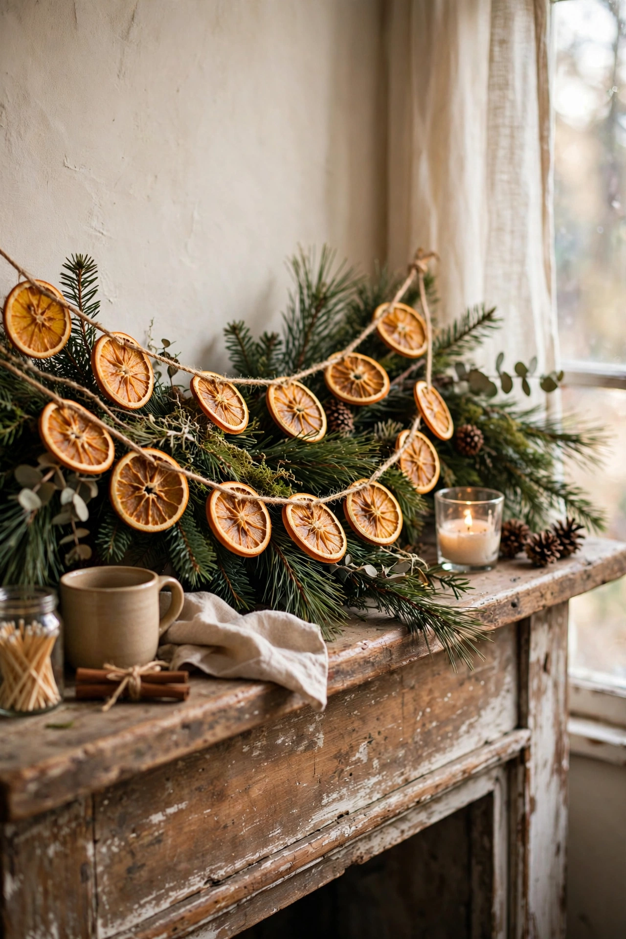 Dried orange slice garland on twine draped over a pine garland