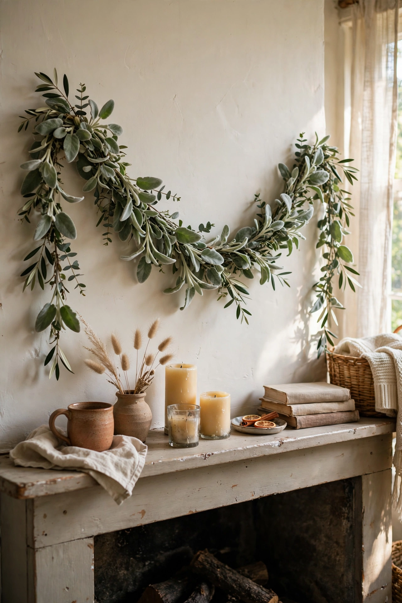 Soft lamb's ear greenery garland in a loose swag across a mantel