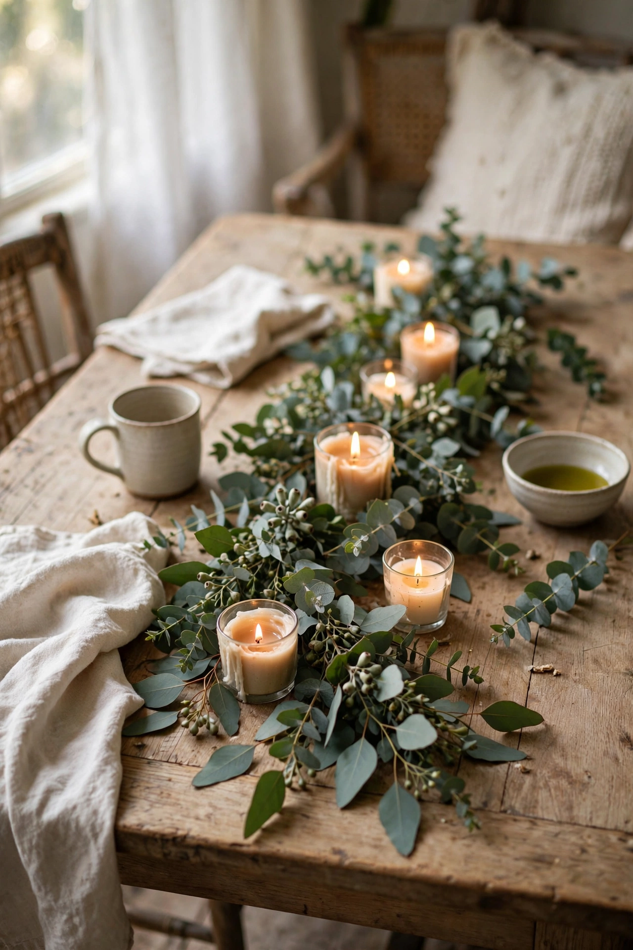 Eucalyptus garland laid down the centre of a dining table with candles
