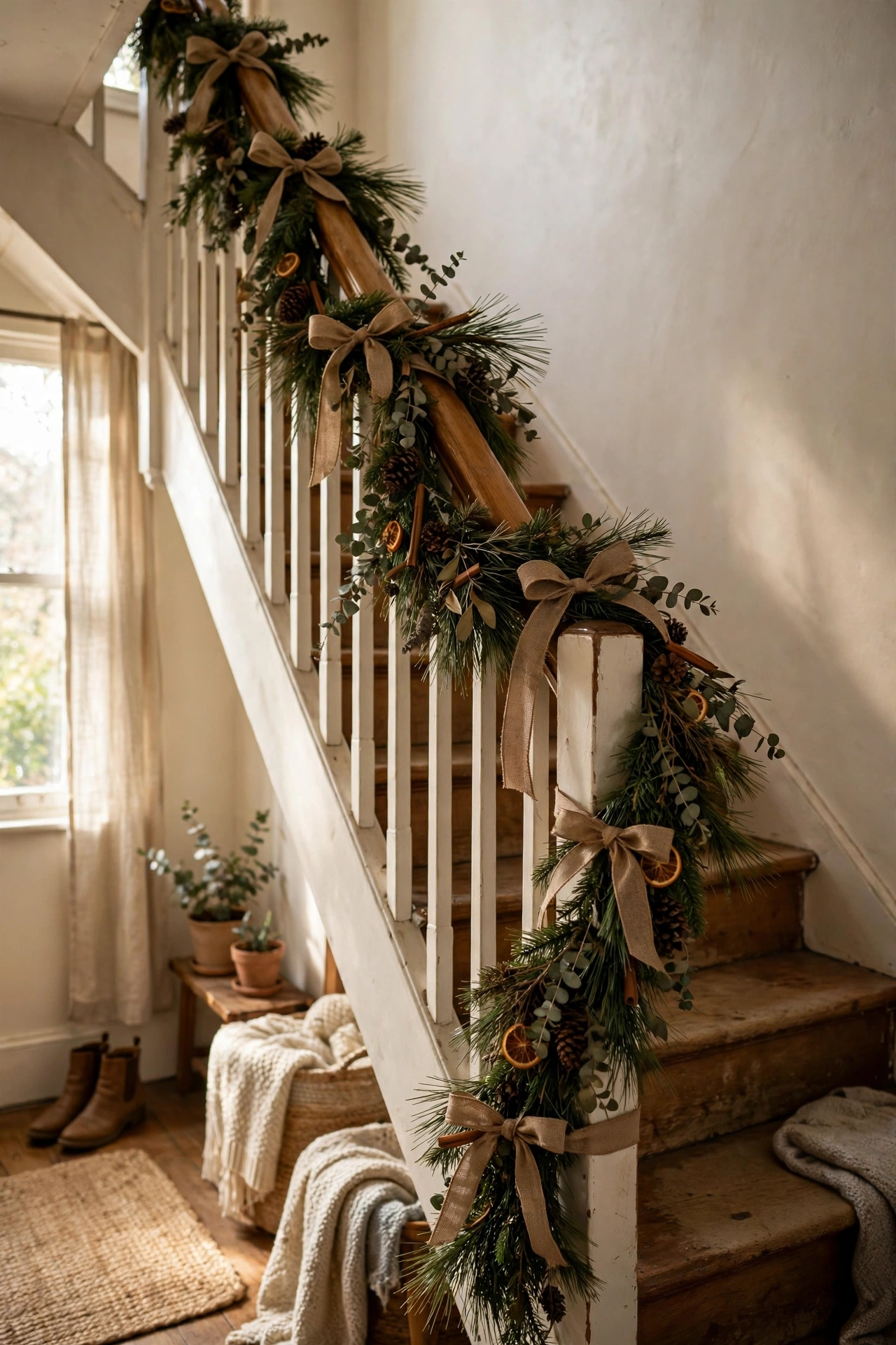 Pine garland wrapped around a staircase banister with ribbon ties