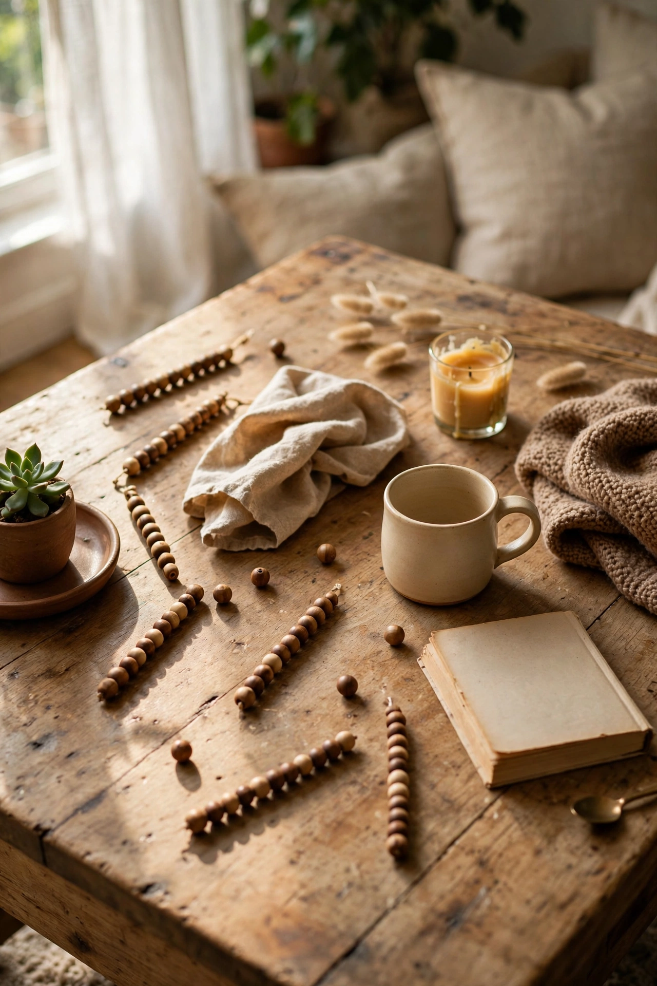 Short beaded garlands scattered at angles across a coffee table