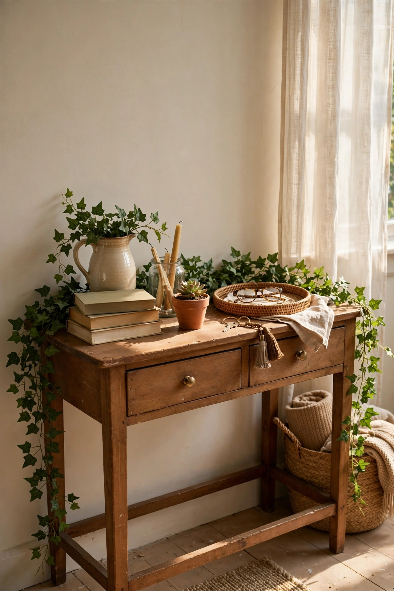 Trailing faux ivy garland draped over a console table with hanging ends