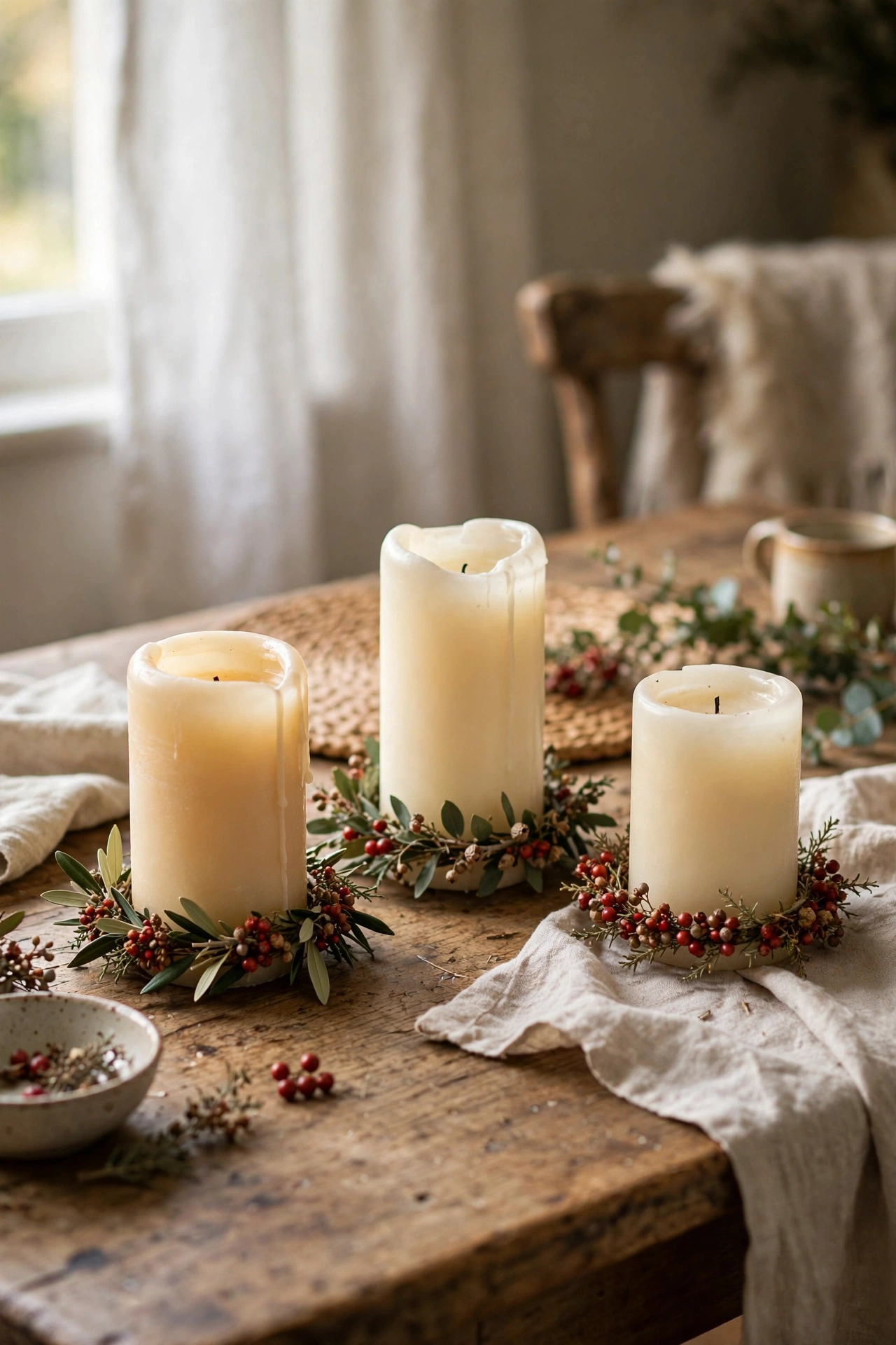 Small berry garland rings around pillar candle bases on a dining table
