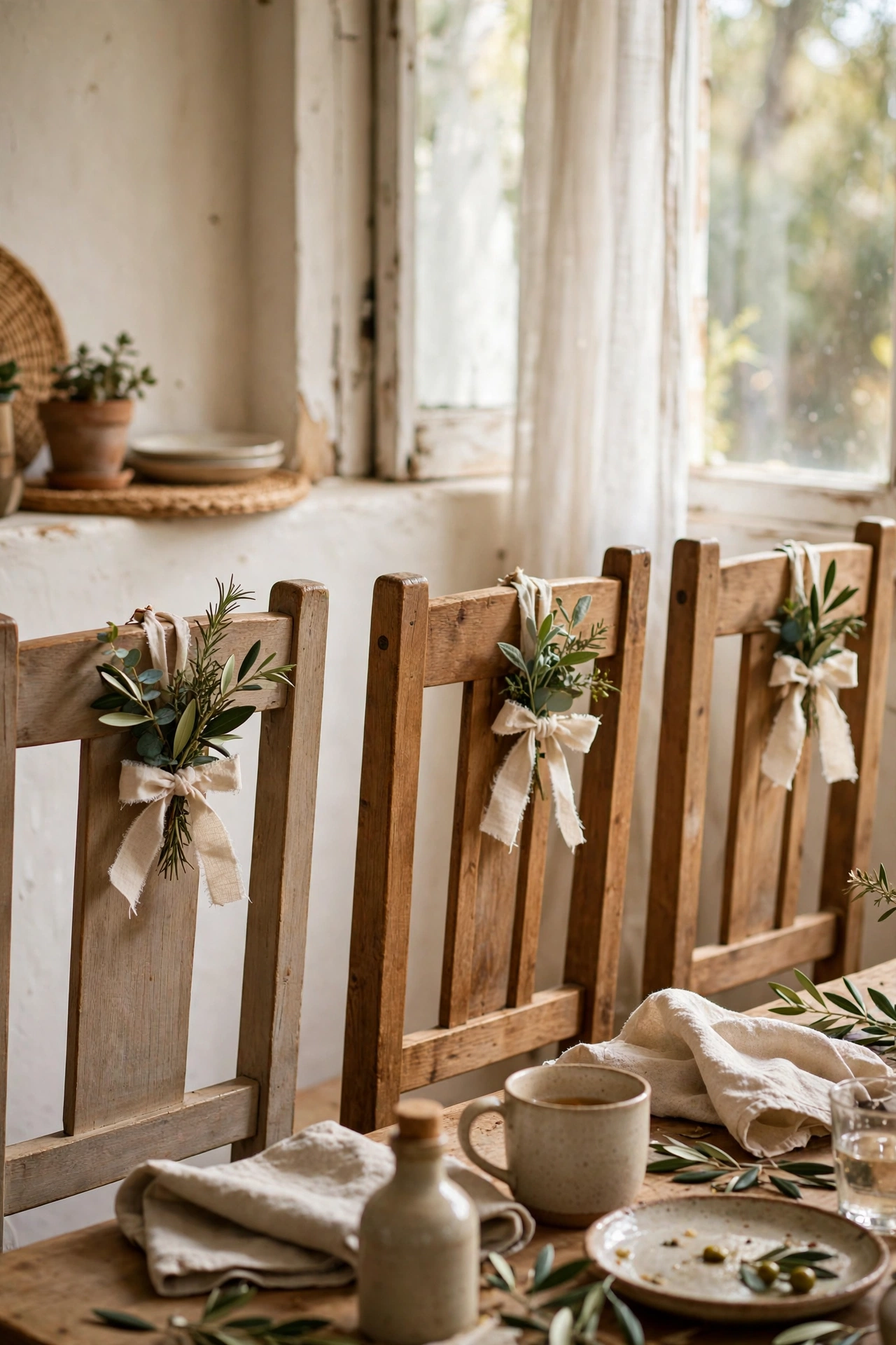 Tiny greenery swags tied with ribbon to dining chair backs
