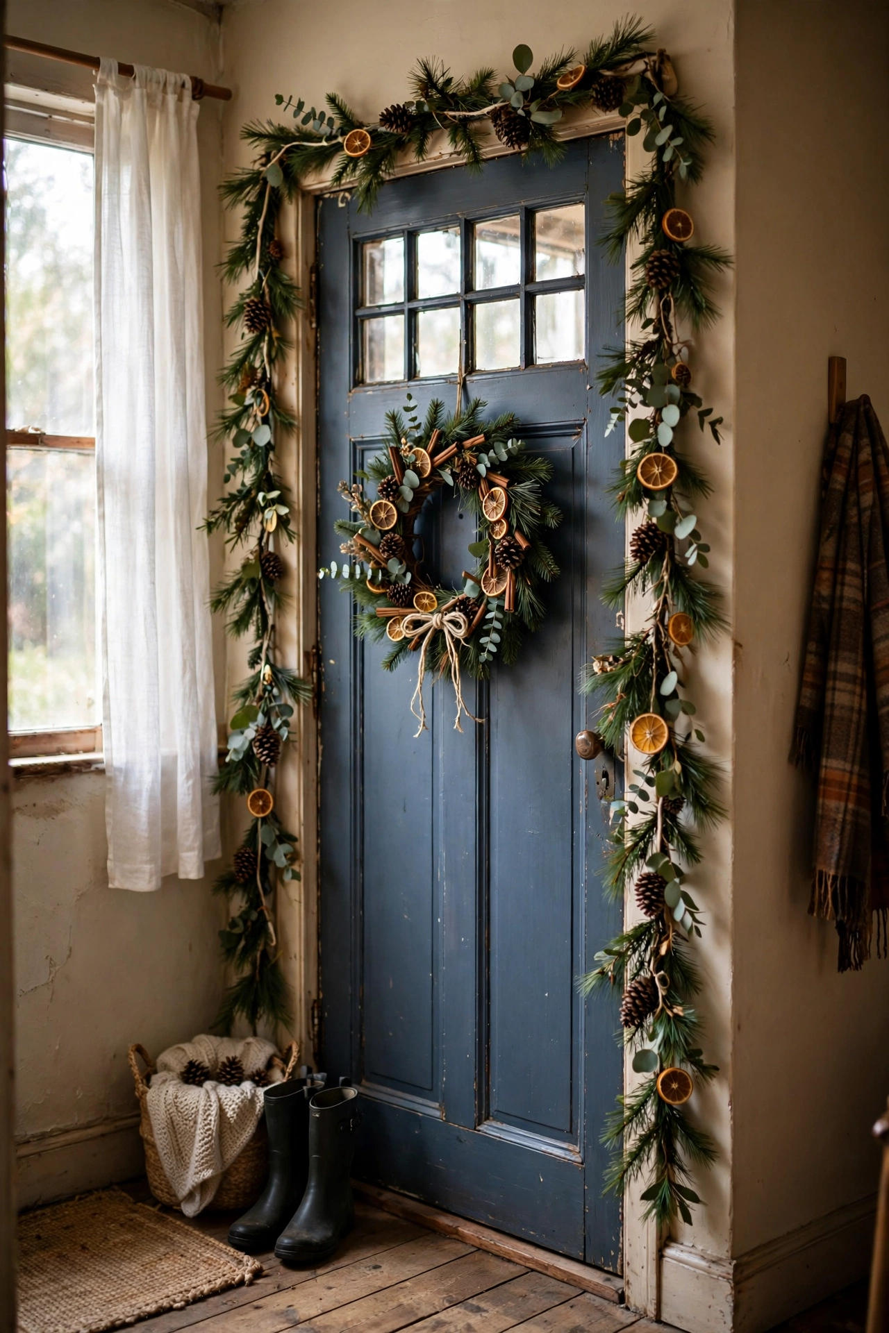 Pine garland hung around a front door frame with a wreath in the centre