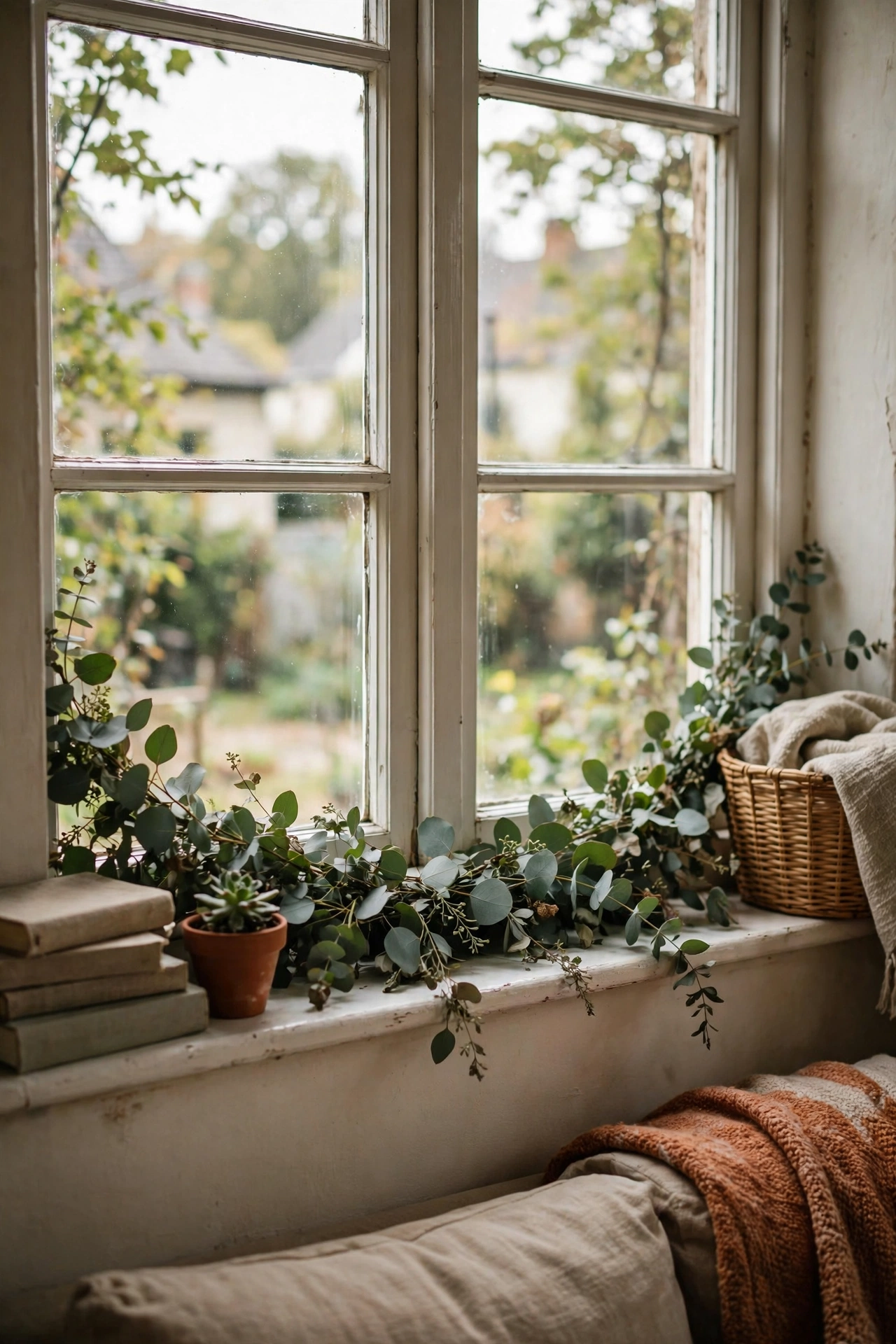 Eucalyptus garland laid along a living room window sill