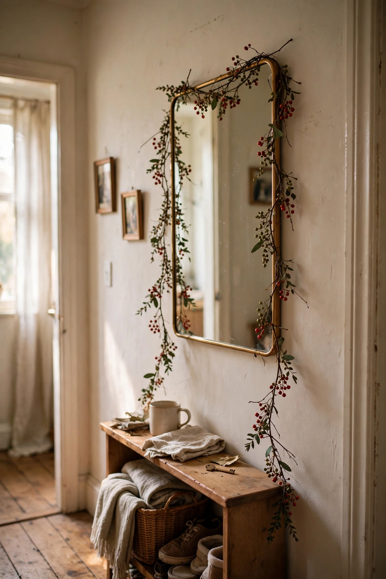 Thin berry garland wrapped around a hallway mirror frame