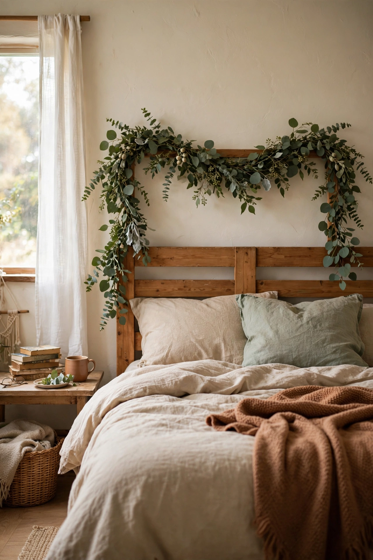 Eucalyptus garland draped across the top of a bed headboard