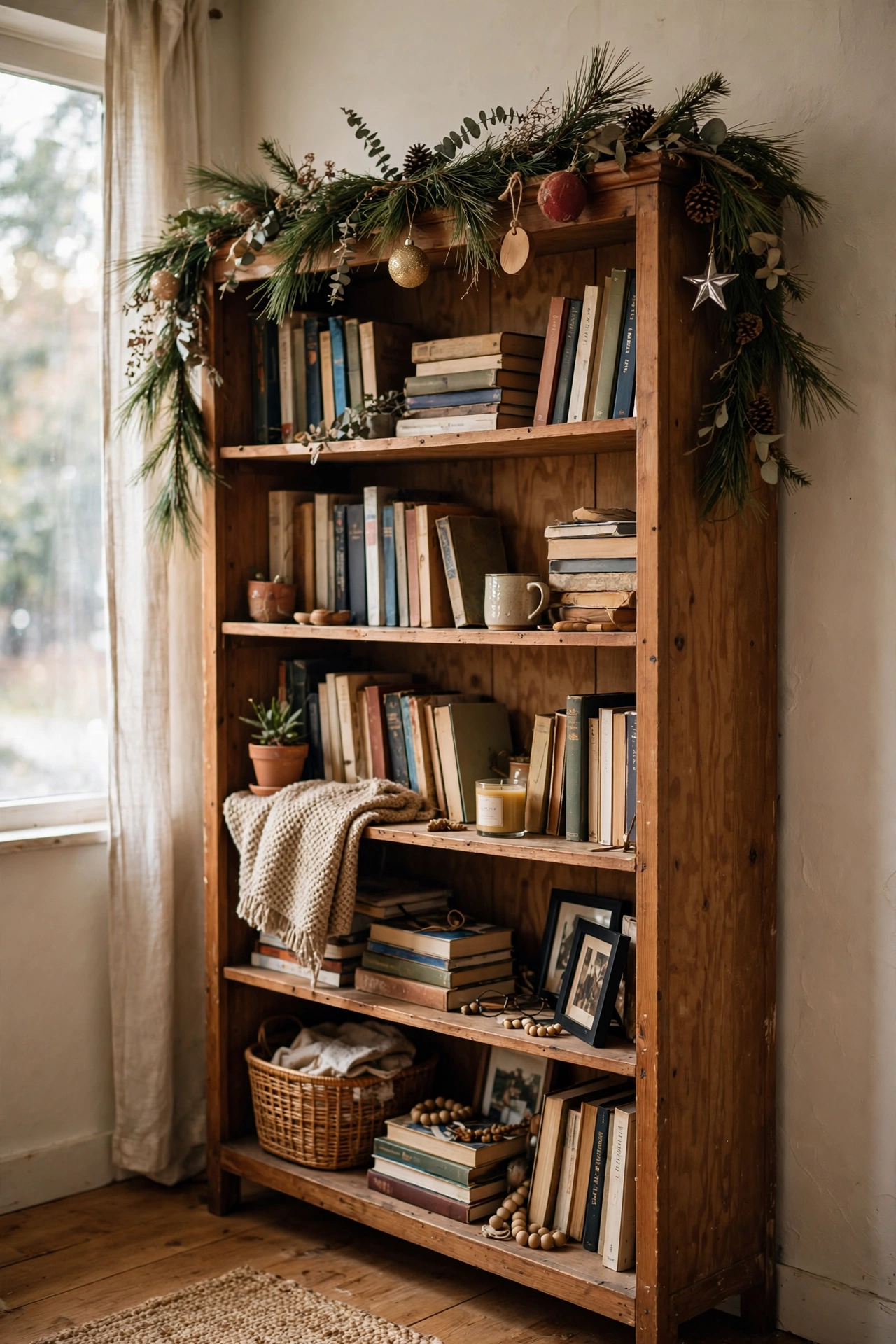 Pine garland laid along the top of a tall bookcase with ornaments