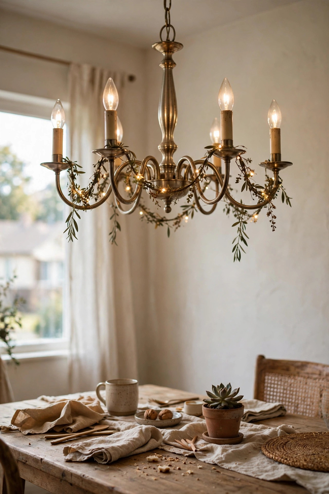 Thin garland looped through dining chandelier arms with battery lights