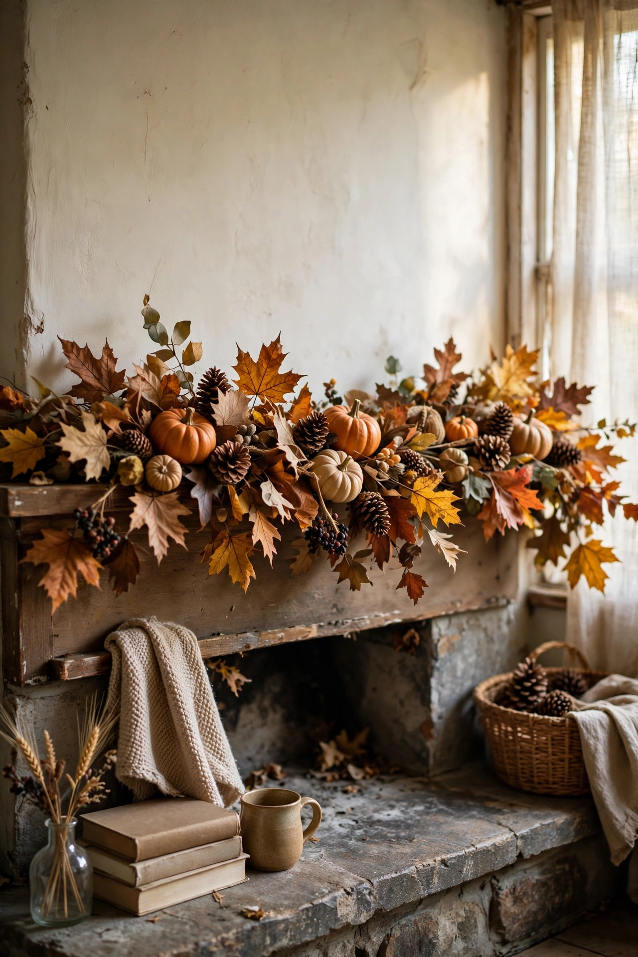 Autumn leaf garland with mini pumpkins draped across a mantel
