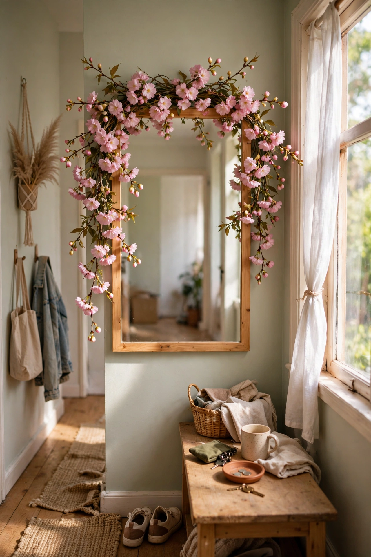 Pink cherry blossom garland hung over a mirror in spring