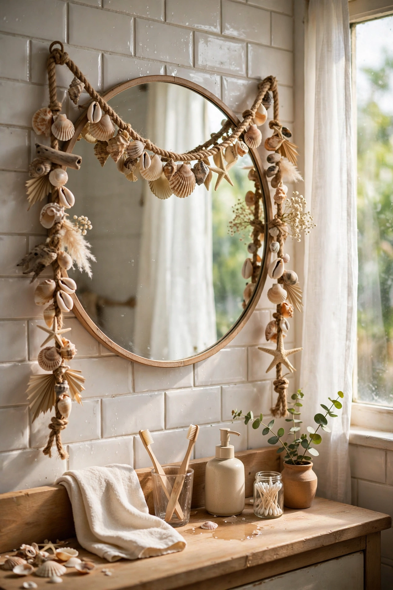 Beachy shell and rope garland draped across a bathroom mirror