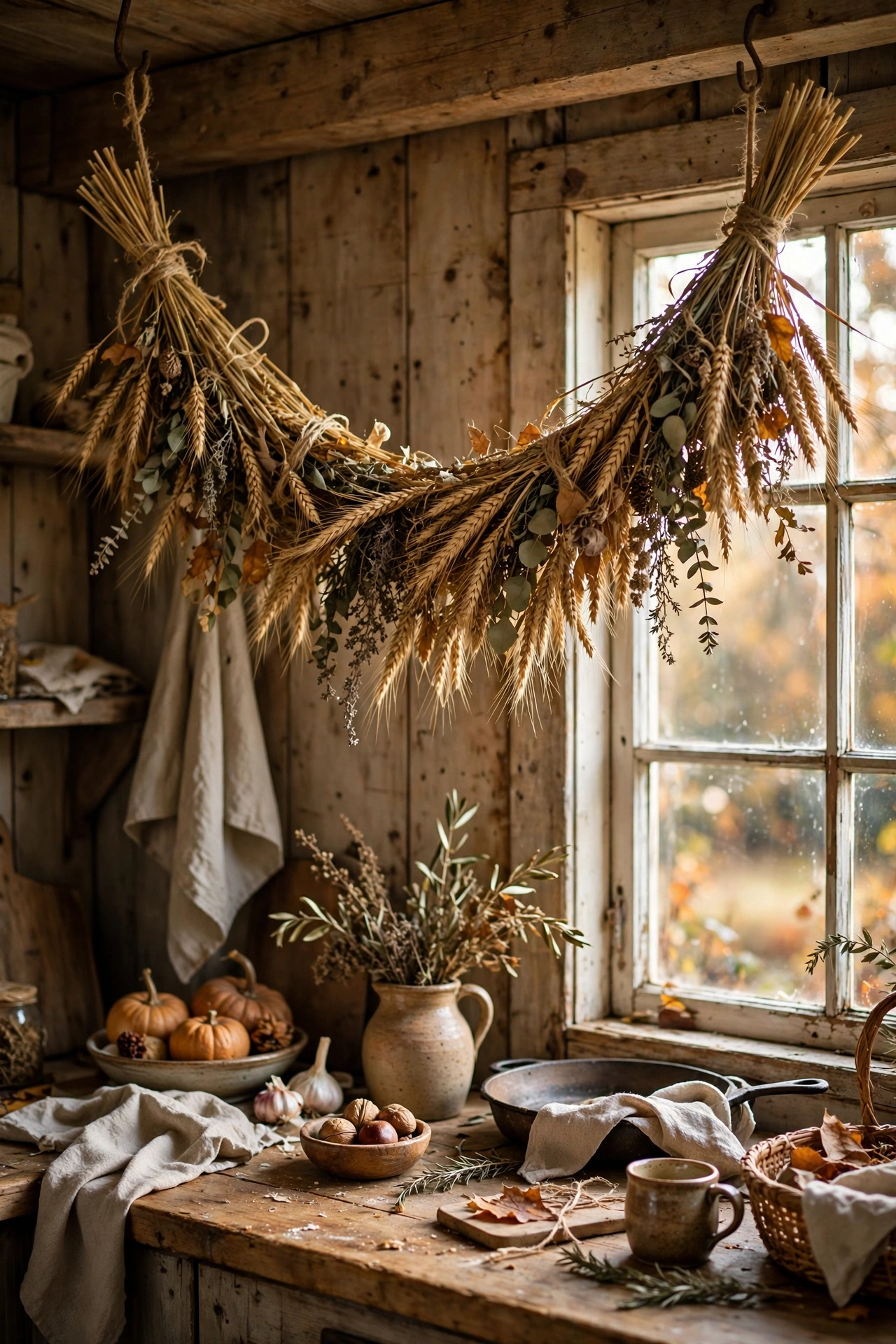 Dried wheat bundle garland hung in a rustic kitchen for autumn