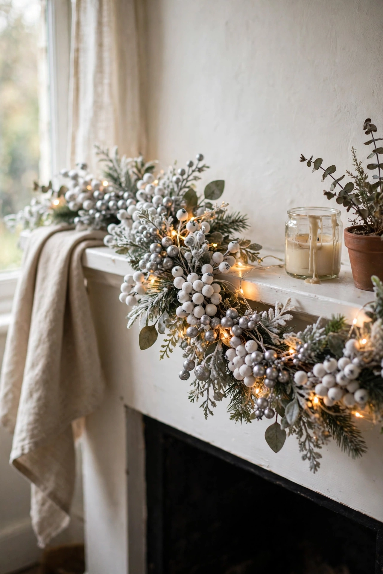 Frosted white and silver berry garland with fairy lights on a white mantel