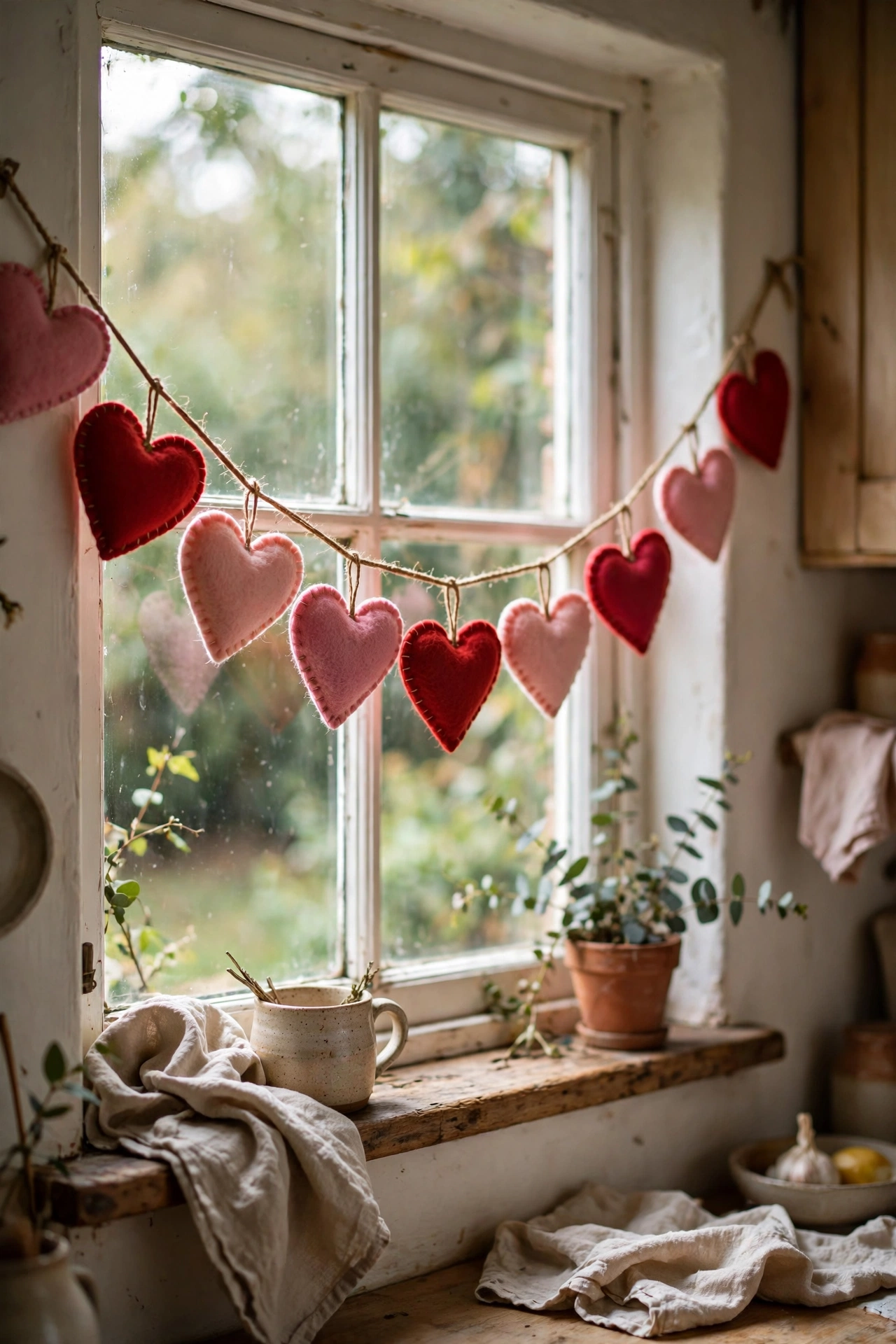 Felt heart garland in red and pink strung across a kitchen window