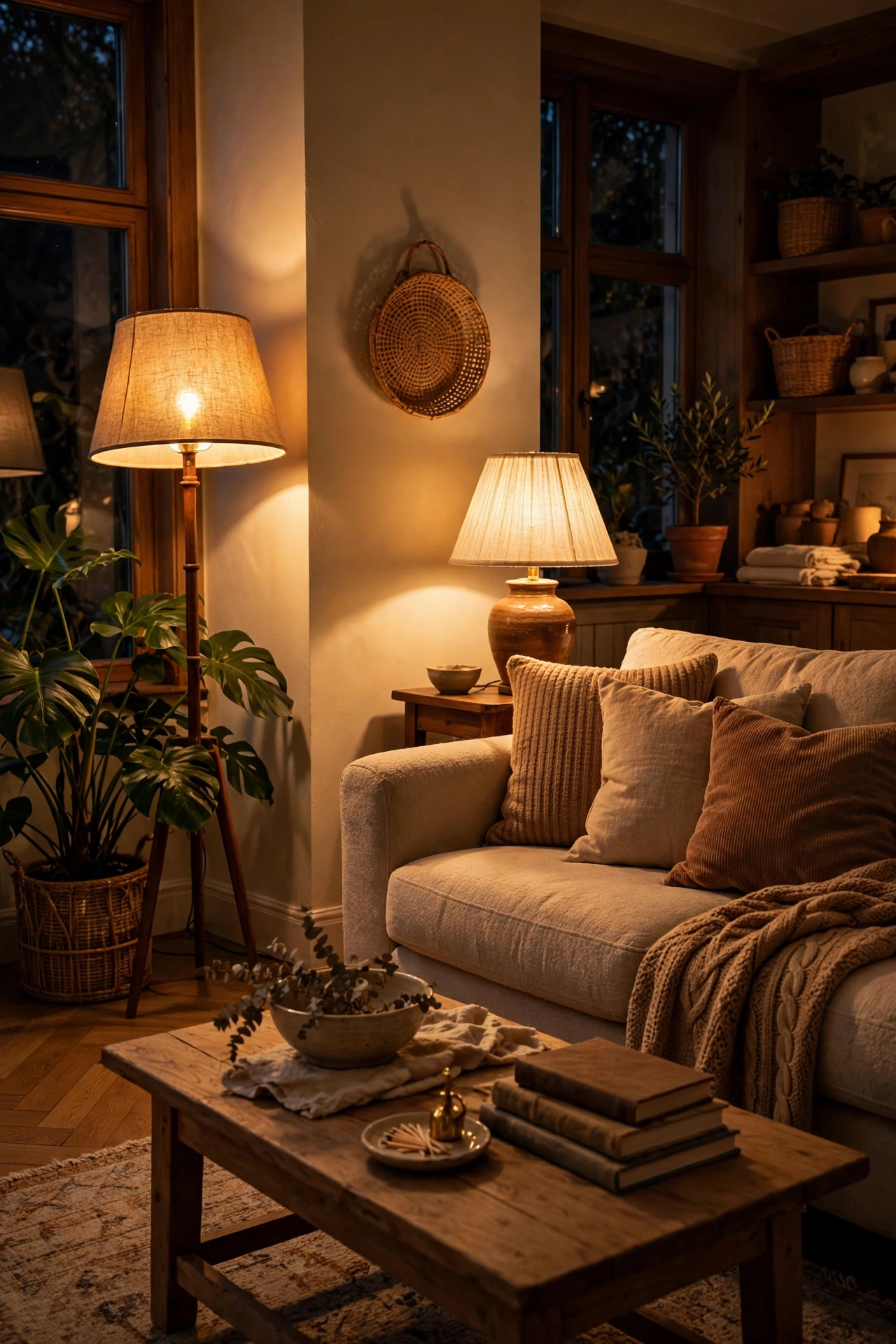Living room glowing with warm 2700K LED bulbs in every lamp