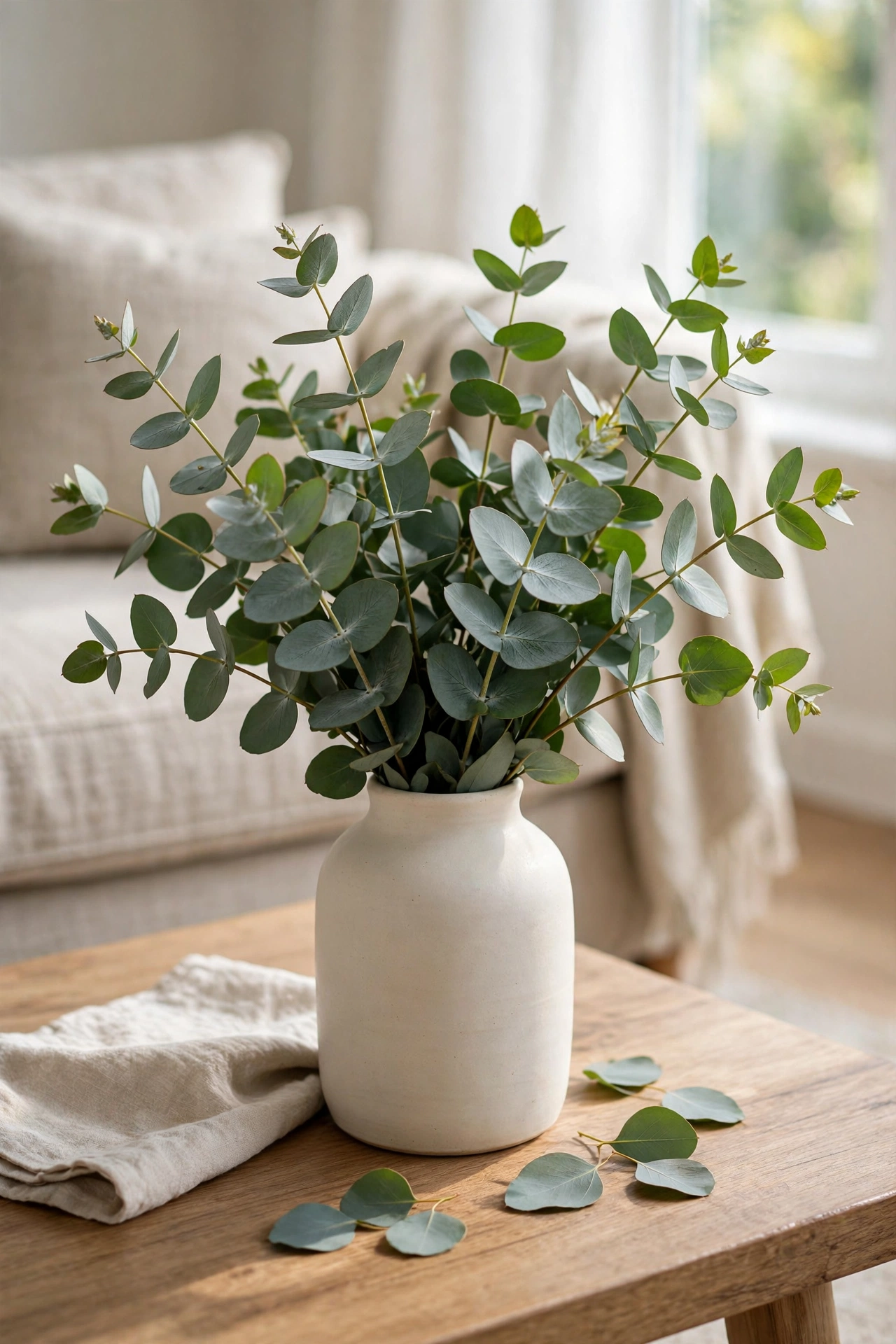 Fresh eucalyptus bundle in vase on living room coffee table