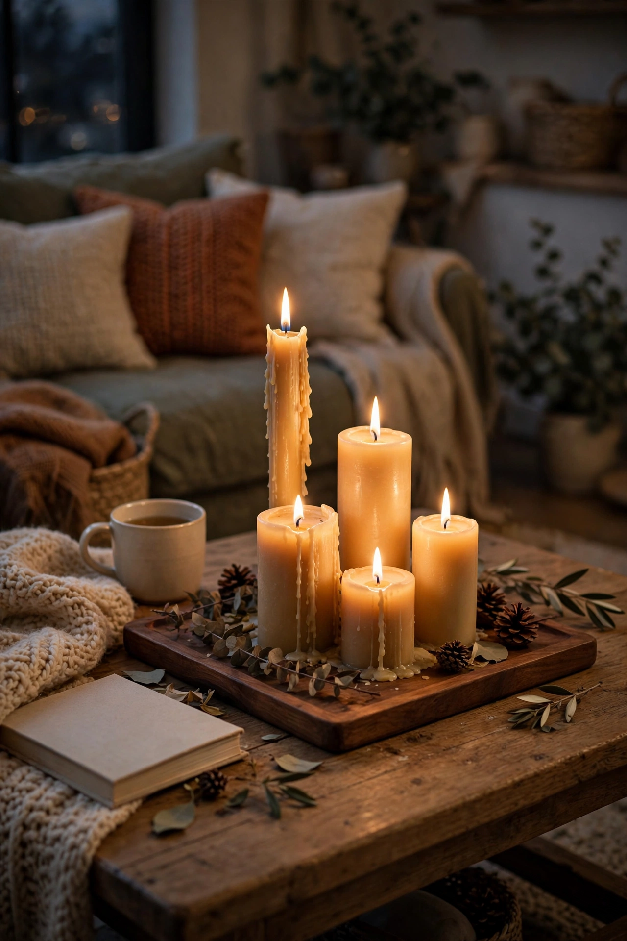 Cluster of candles at three heights on tray glowing in cozy living room