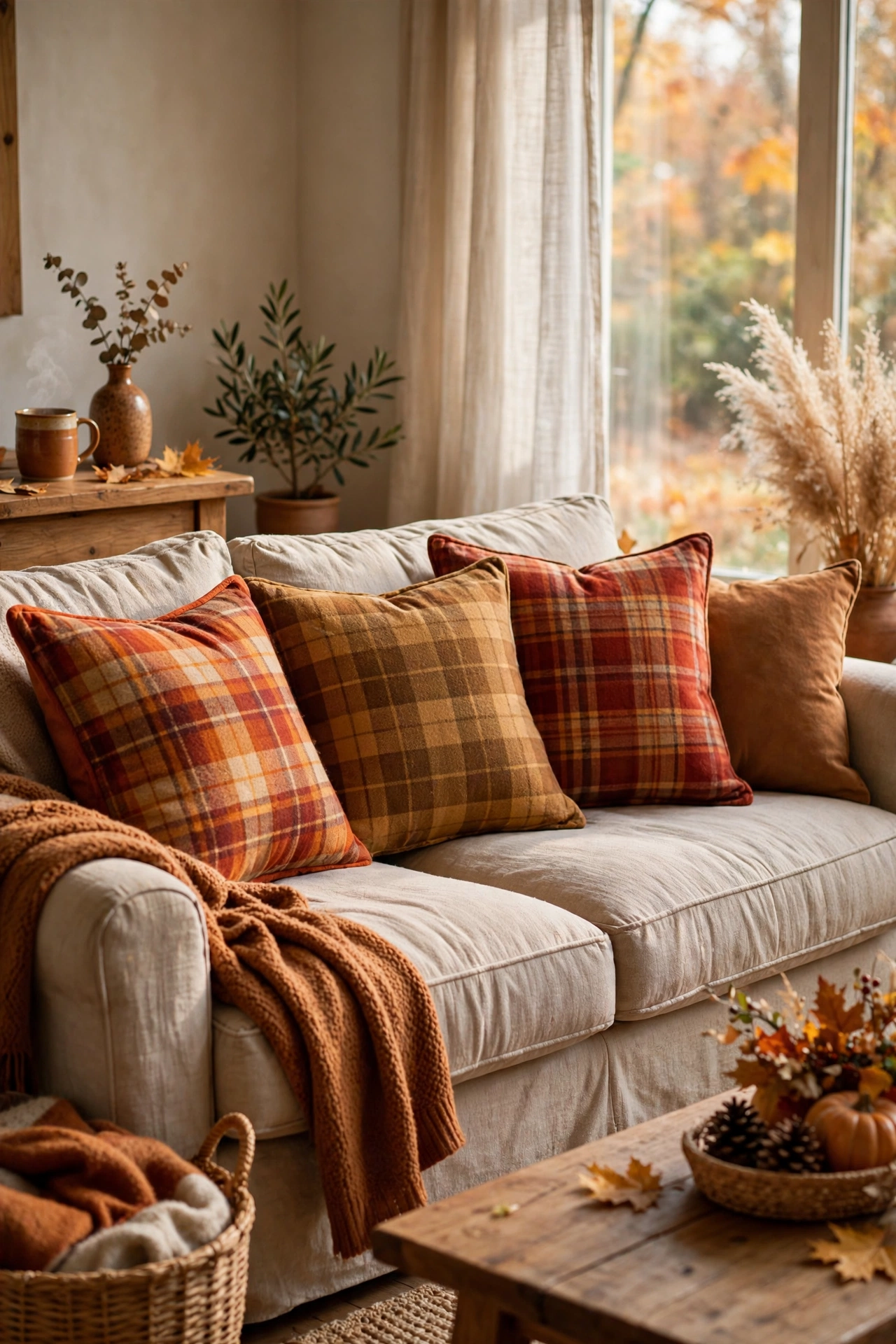 Sofa with flannel plaid pillow covers in fall living room