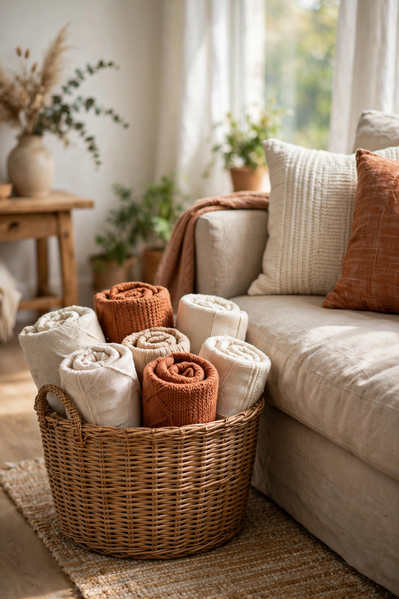 Basket of rolled throw blankets beside sofa in cozy living room