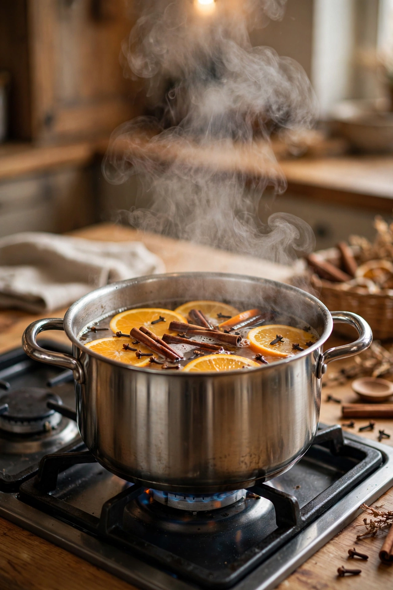 Simmer pot with oranges cinnamon and cloves on stove