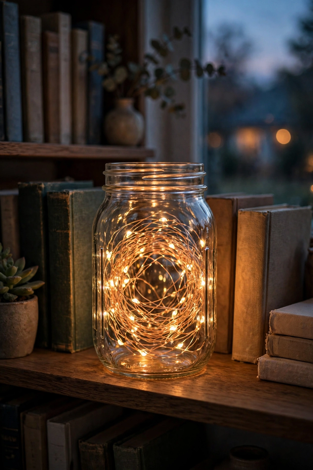 Copper fairy lights coiled in mason jar on living room bookshelf
