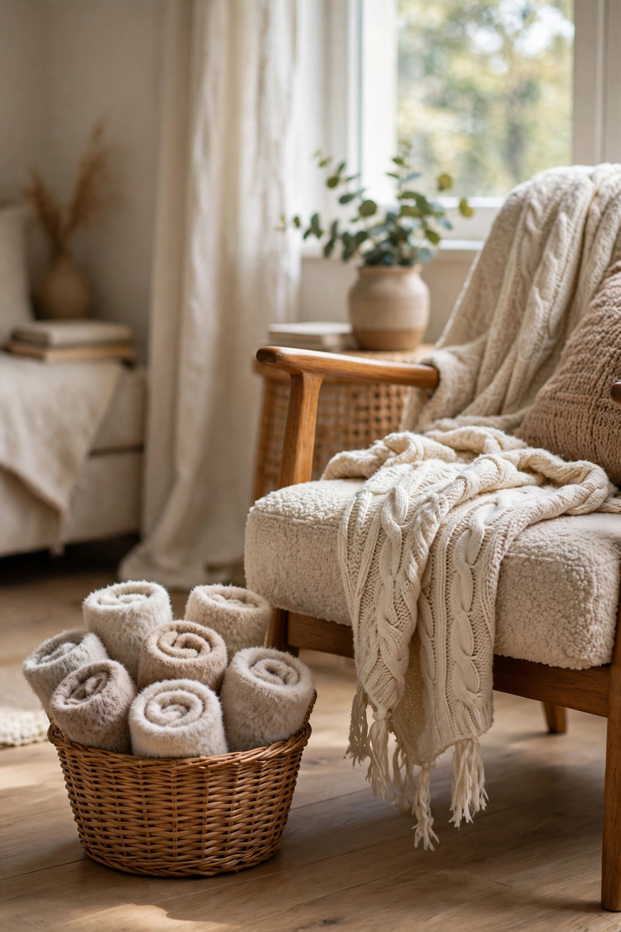 Basket of thick fuzzy socks by reading chair in cozy living room