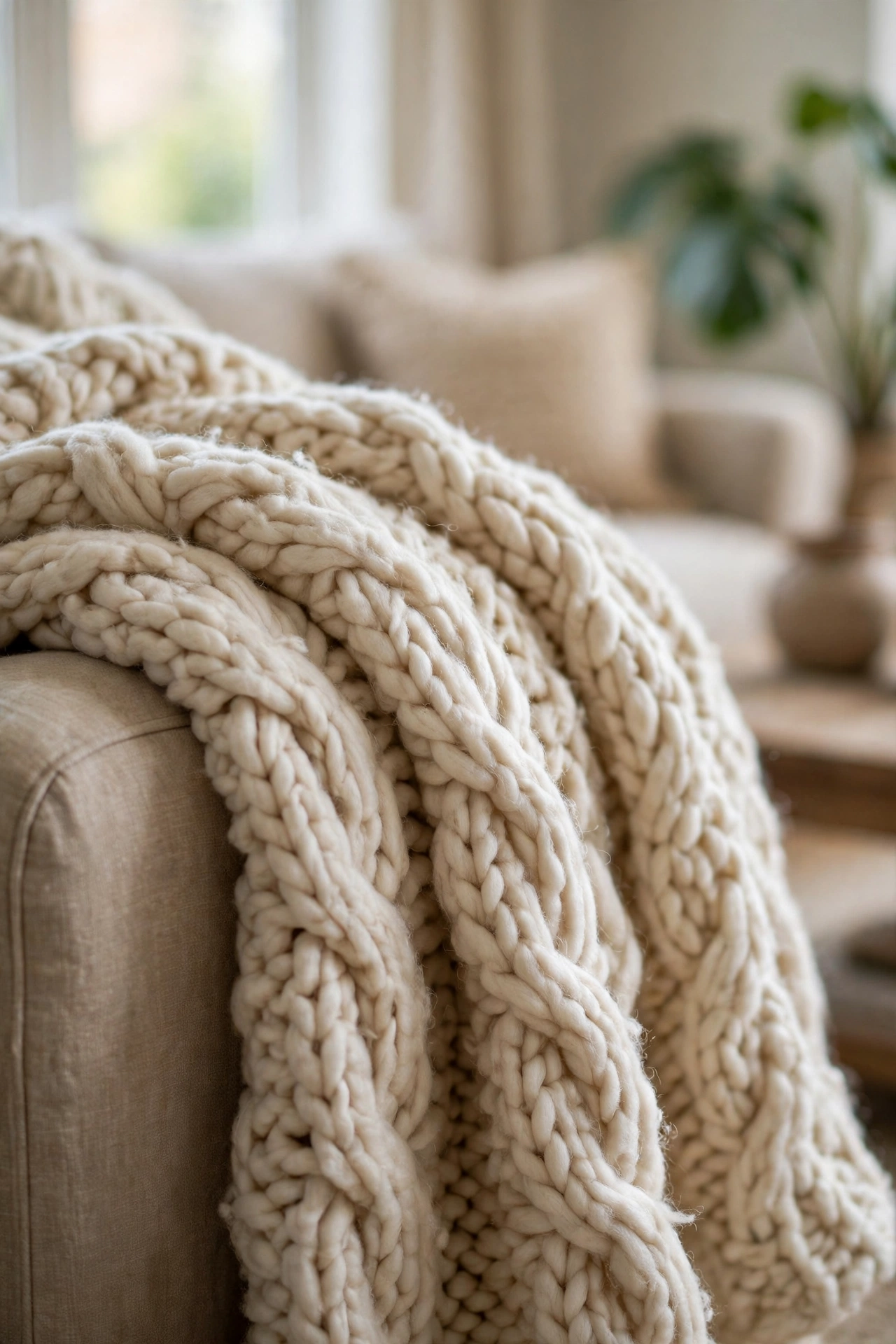 Real wool throw blanket in cream draped over sofa arm
