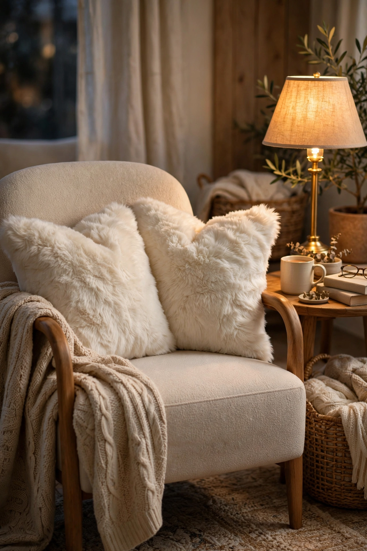 Reading chair with two faux fur throw pillows in cozy corner