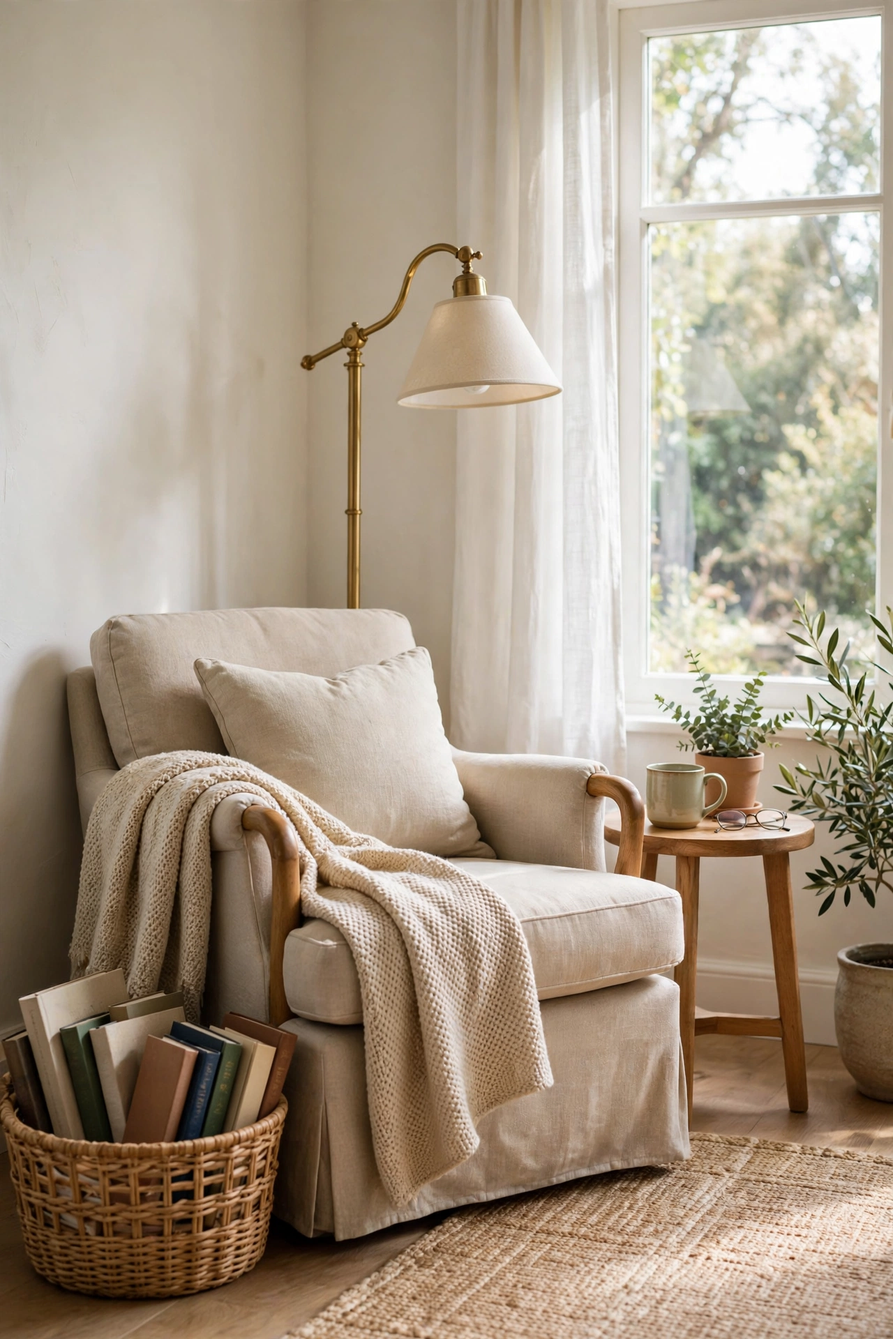 Cozy reading nook with armchair floor lamp and book basket in bright corner