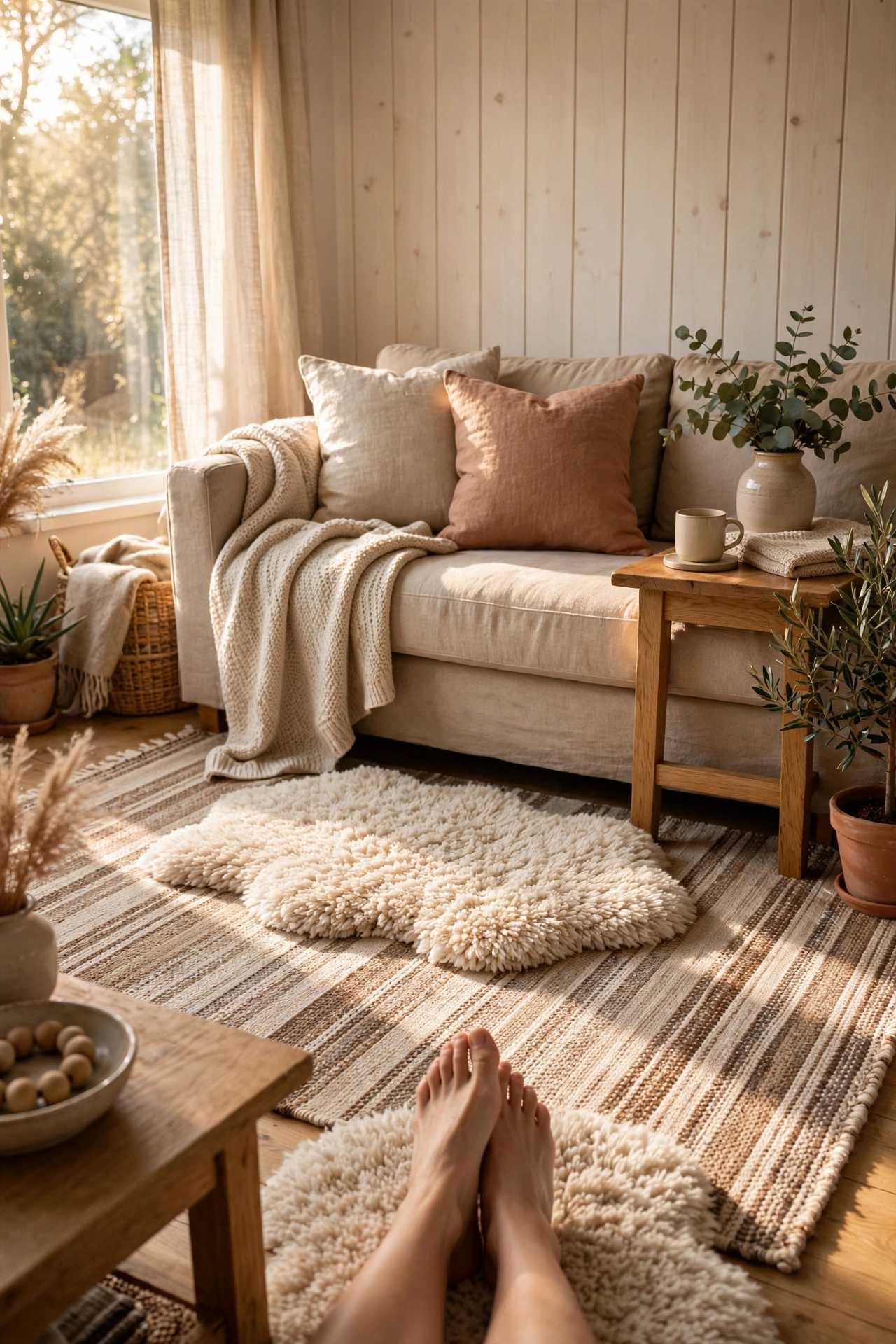 Small soft rug layered over larger rug where feet rest by sofa