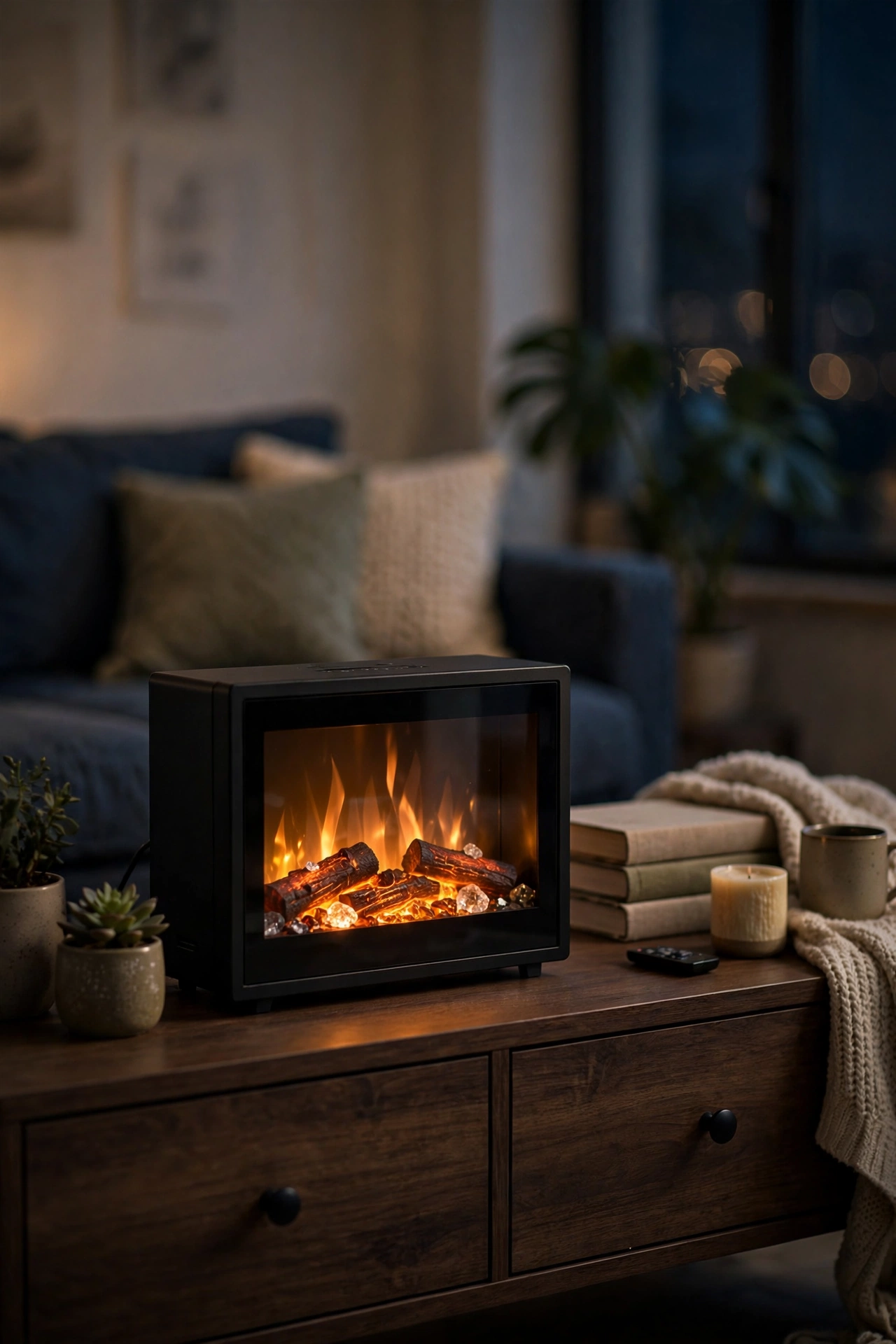 Tabletop electric fireplace with flickering flames on media console