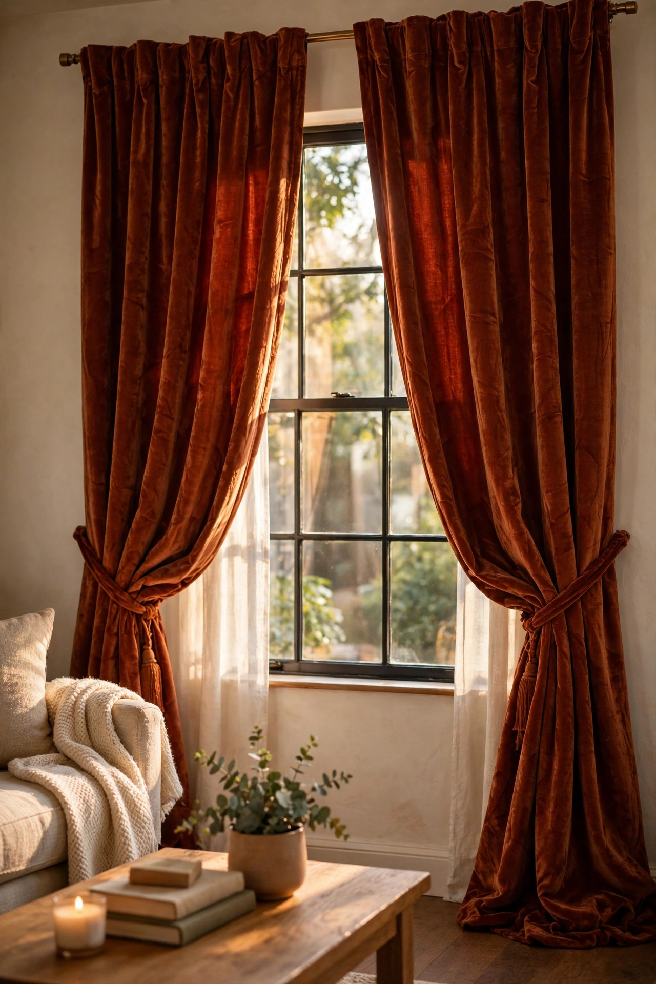 Rust velvet curtains heavy and warm in cozy living room