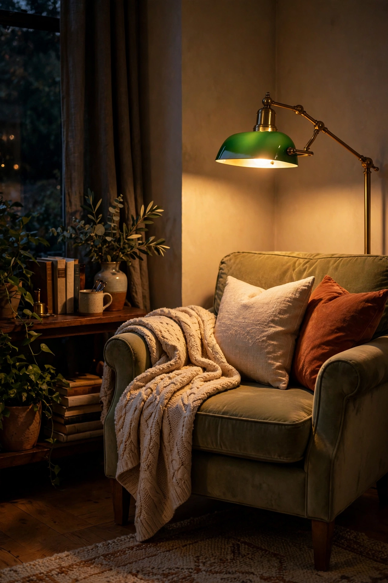 Brass pharmacy reading lamp glowing over armchair in evening