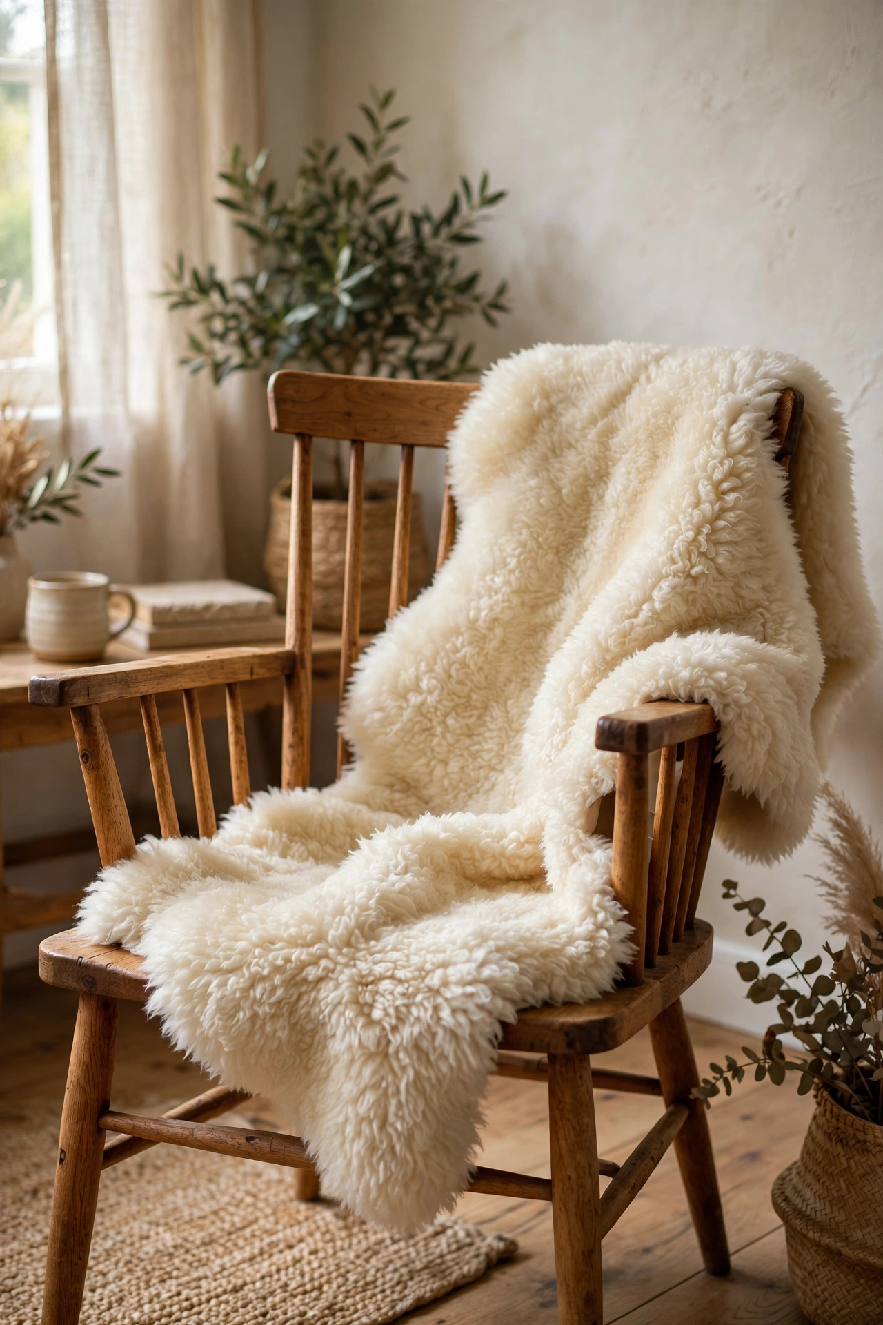 Faux sheepskin draped over wooden armchair in cozy living room