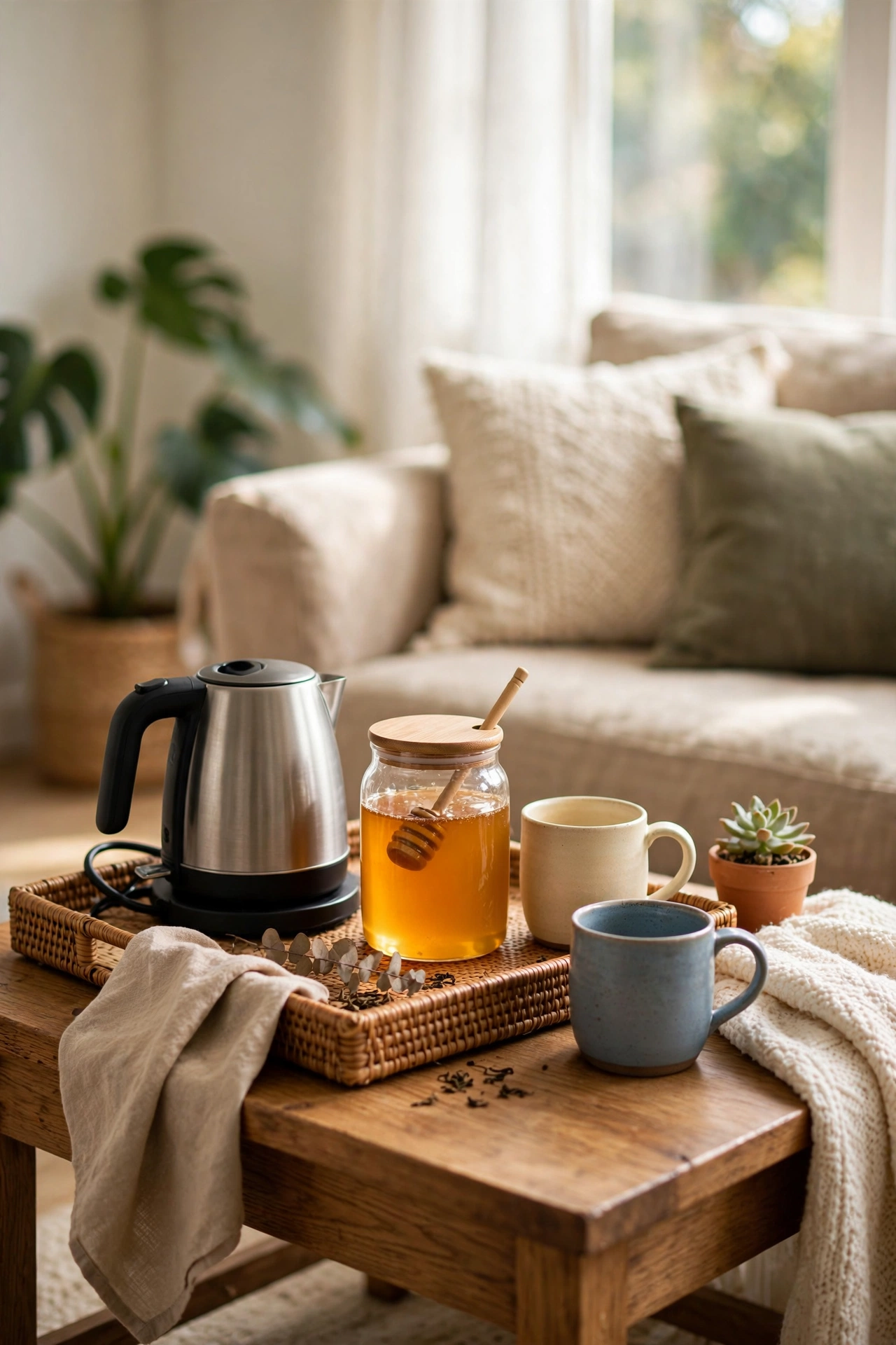 Tea station tray with kettle mugs and honey on living room side table