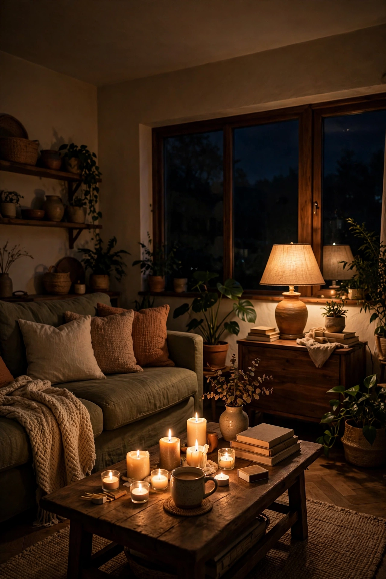 Living room after 7pm with overheads off only lamps and candles glowing