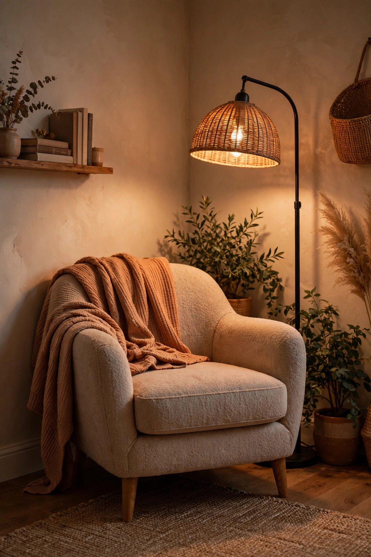 Armchair pulled into corner at angle with throw creating cozy enclosure