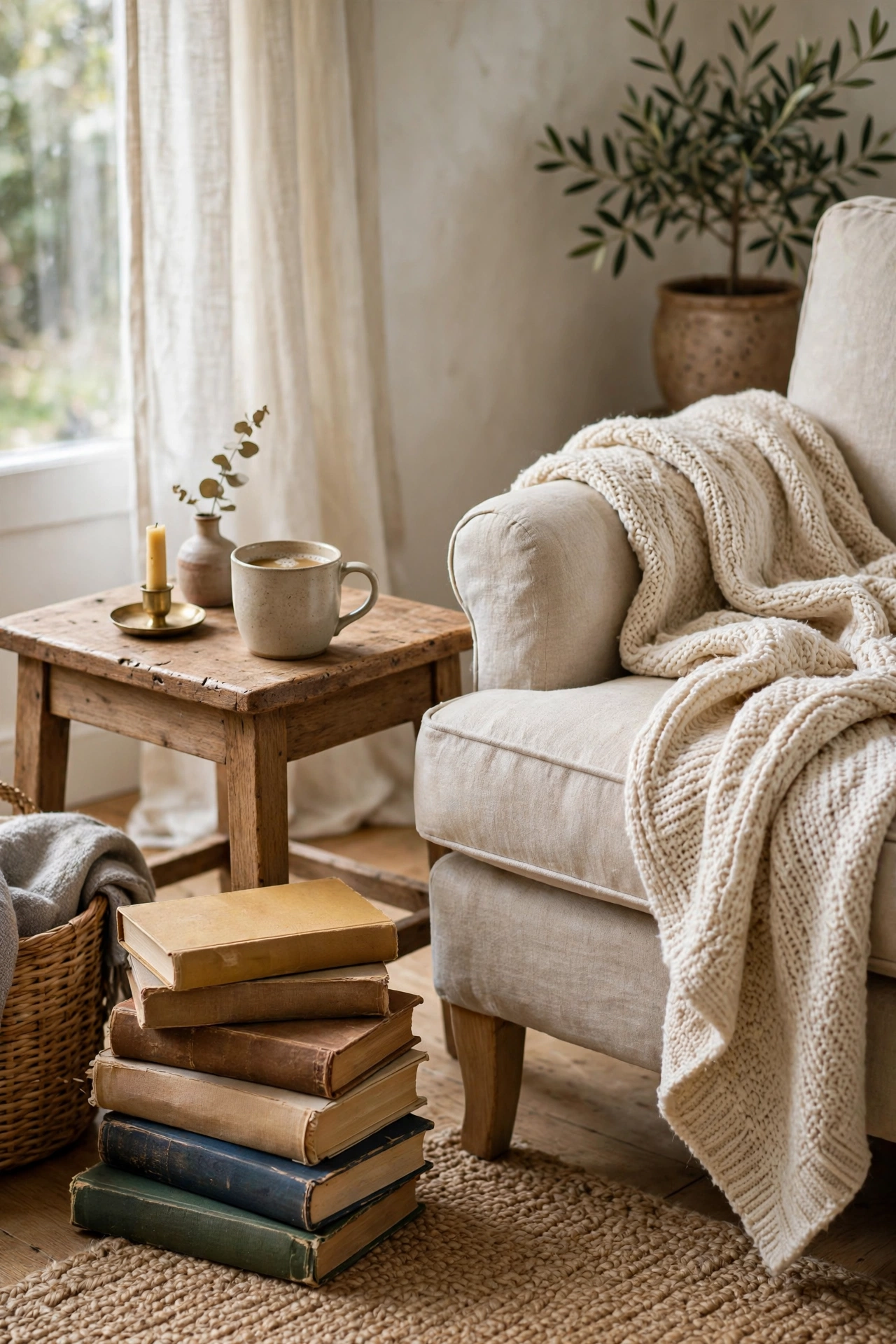 Side table with stack of real books to read in cozy living room