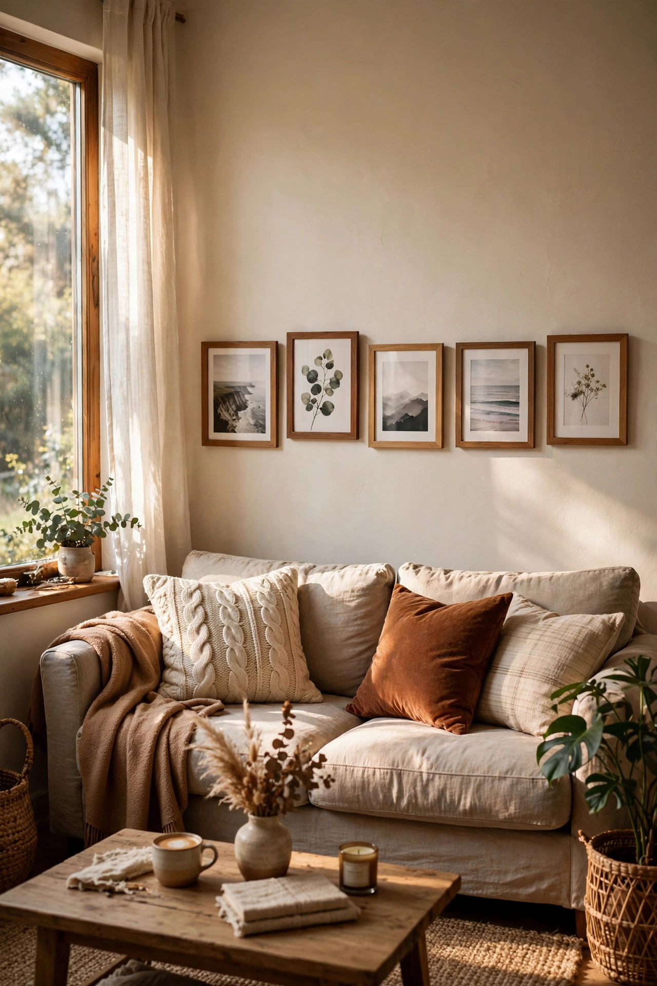Gallery frames hung low at seated eye level in intimate living room