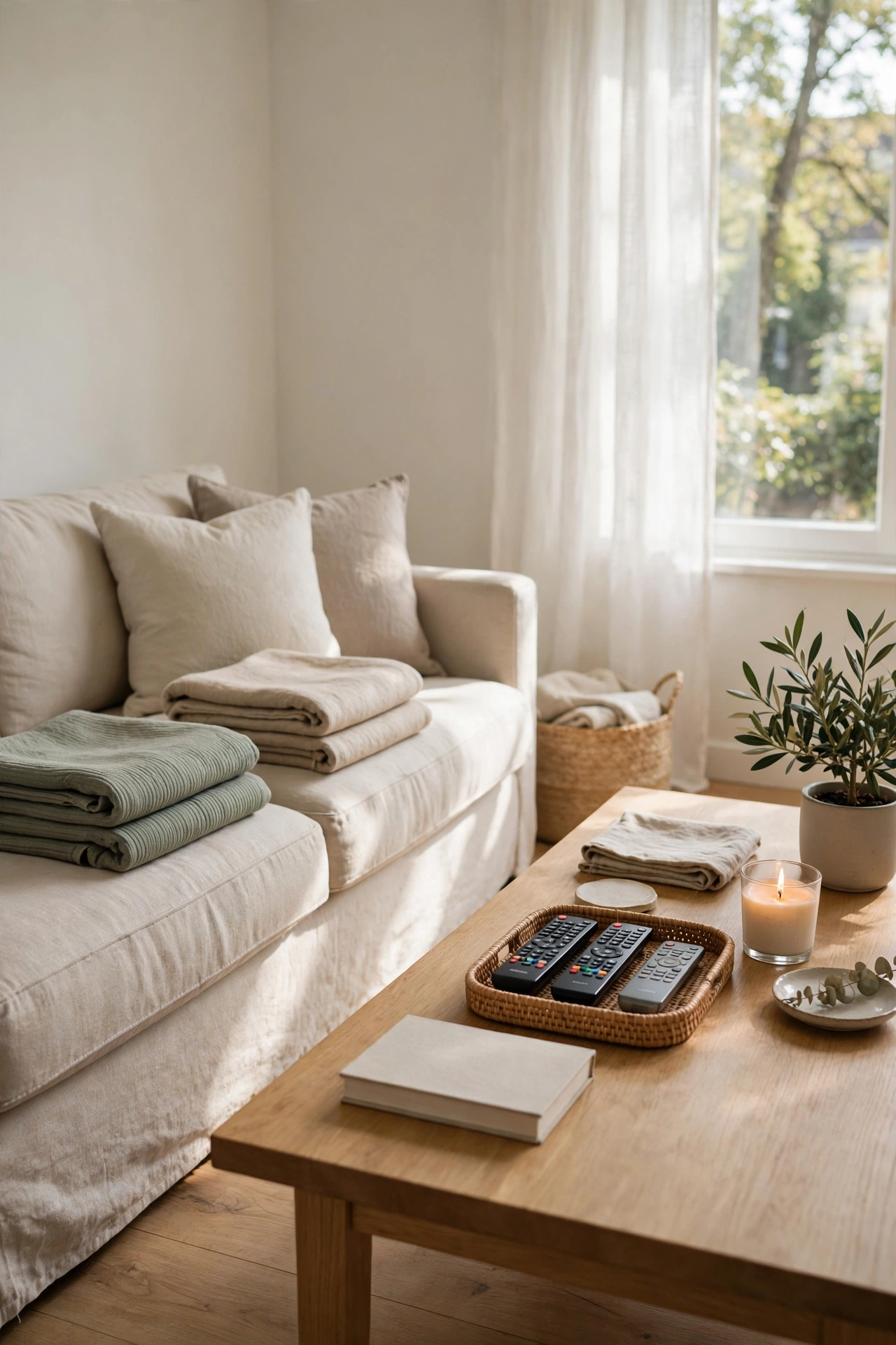 Freshly reset tidy living room surfaces on Sunday with folded throws