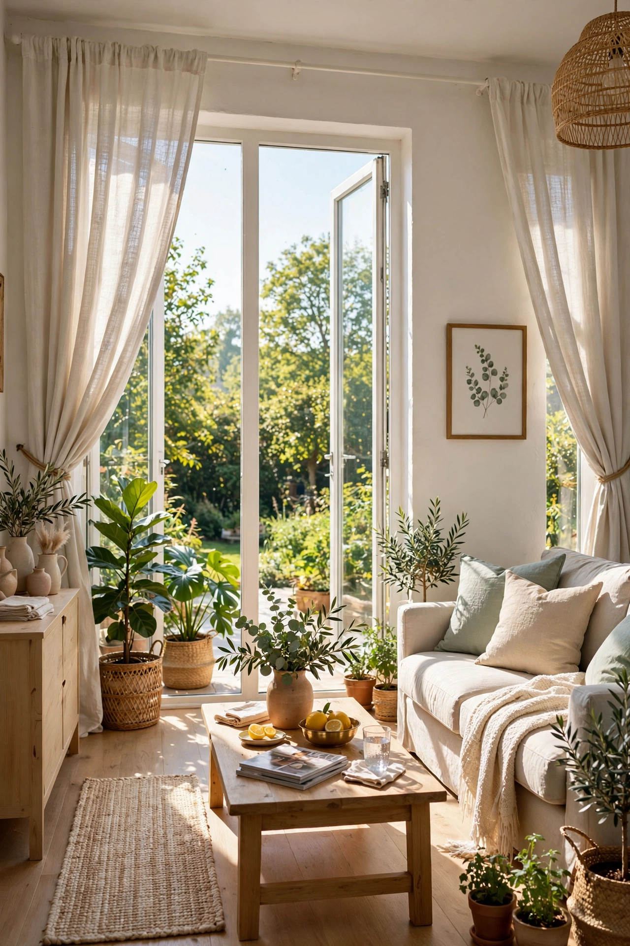 Living room with curtains open wide filling room with morning daylight