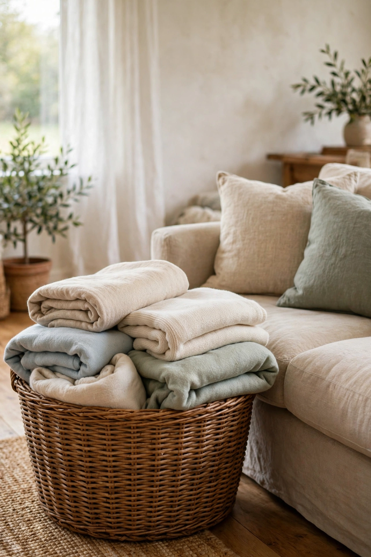Basket of good guest throw blankets by sofa in welcoming living room