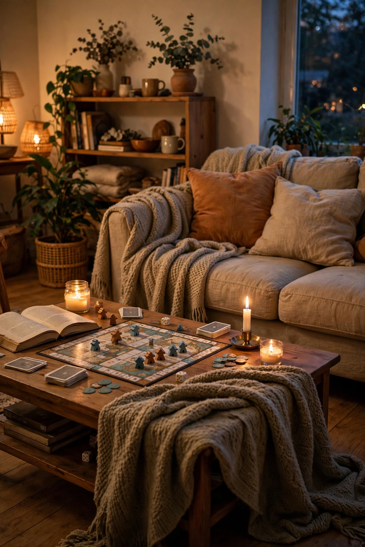 Family enjoying candles and board games in cozy lived-in living room